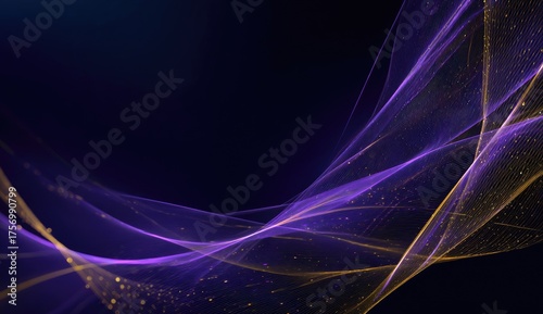 Abstract dark background with flowing purple and yellow lines and particles, graceful and elegant
