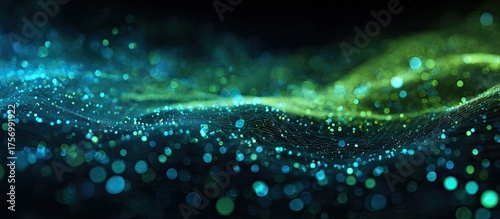 Abstract digital artwork depicting a wave of blue and green bokeh lights against a dark background
