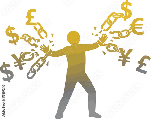 A powerful figure breaks the chains of money, symbolizing financial freedom and liberation from debt.