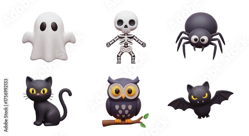 Halloween icons Ghost, skeleton, spider, cat, owl, and bat for spooky design projects