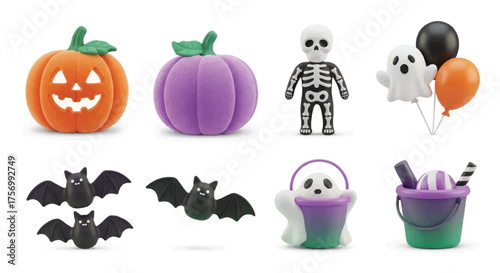 Adorable Halloween holiday set featuring cute plasticine-style pumpkins, spooky skeletons, friendly ghosts, and charming bats, ideal for seasonal design projects
