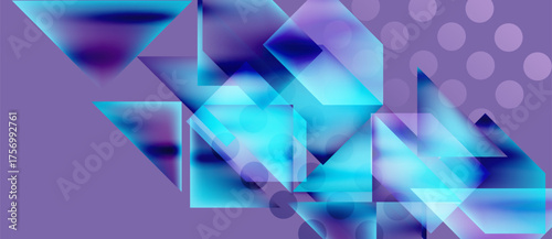 Abstract geometric shapes overlap, creating vibrant blue, purple gradients. Background features subtle lilac dots, modern design.