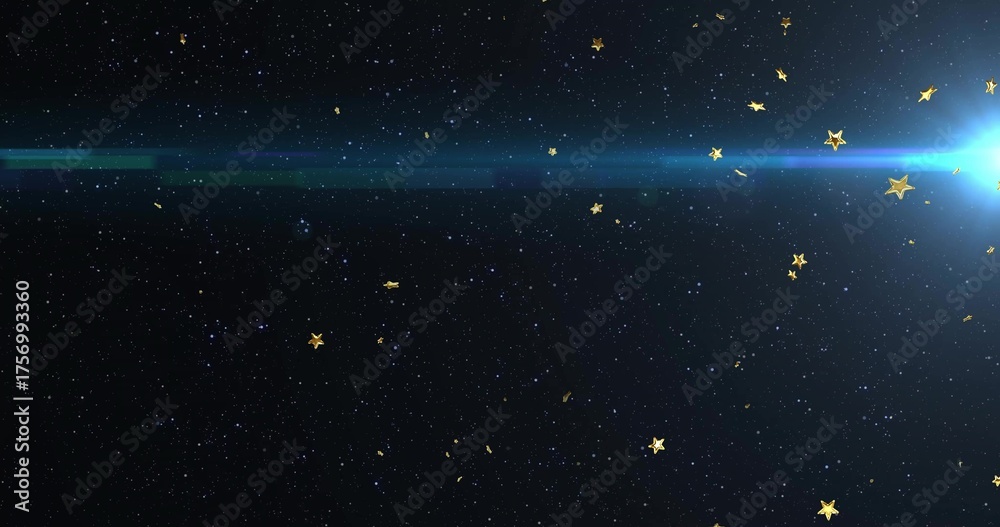 Naklejka premium Emitting bluish lens flare in outer space with drifting golden star shapes, white stars, copy space