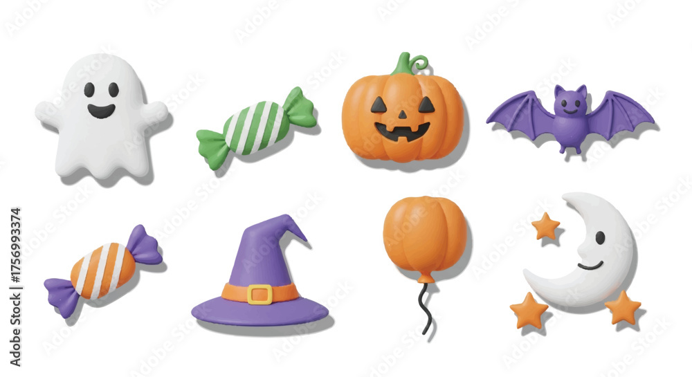 Naklejka premium Whimsical Halloween Icons Featuring a Ghost, Pumpkin, Witch Hat, and Bat
