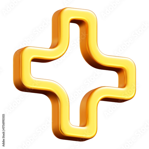 3d gold plus sign. Medical icon pharmacy, apteka. Mesh gradient. Vector illustration on isolated background.