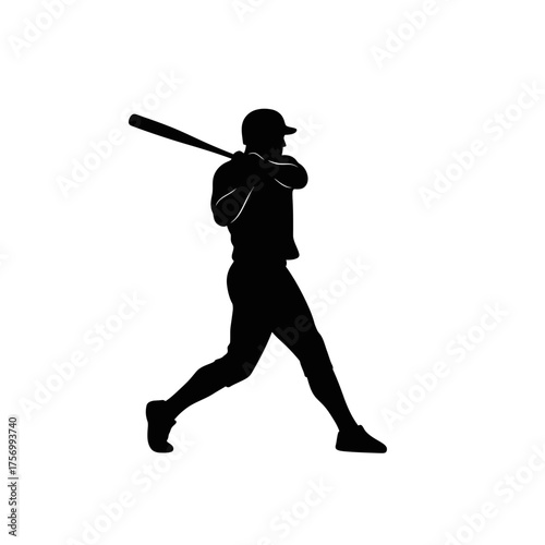 Dynamic silhouette of baseball player swinging bat capturing athletic momentum and sports action silhouette flat design vector illustration white background