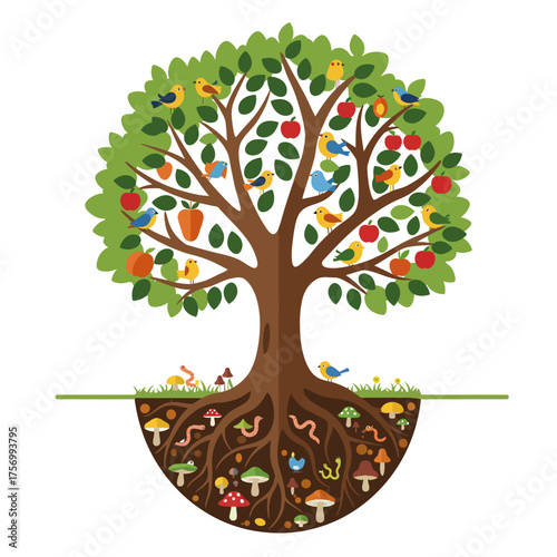 Vibrant tree of life with lush foliage fruits and detailed roots symbolizing growth and nature silhouette flat design vector illustration white background