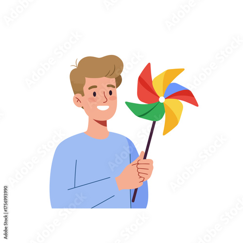 Joyful young man holding a colorful pinwheel celebrating childhood fun and imagination silhouette flat design vector illustration white background