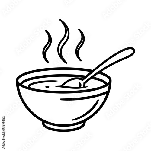 A steaming bowl of soup with a spoon resting inside it depicted in a simple black and white line drawing
