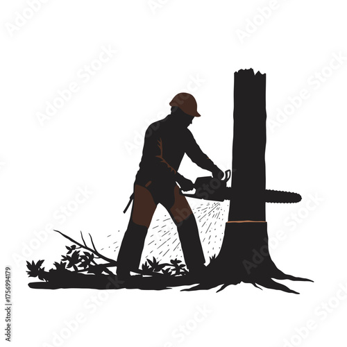 Professional tree service lumberjack cutting down tree with chainsaw silhouette image silhouette flat design vector illustration white background