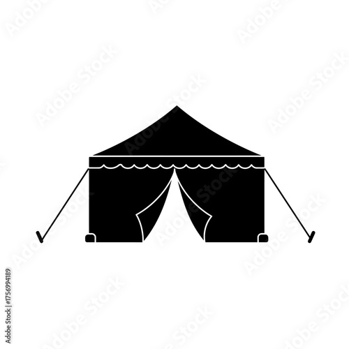 Simple black silhouette of a large canvas tent with open entrance and guy lines for outdoor events or camping silhouette flat design vector illustration white background