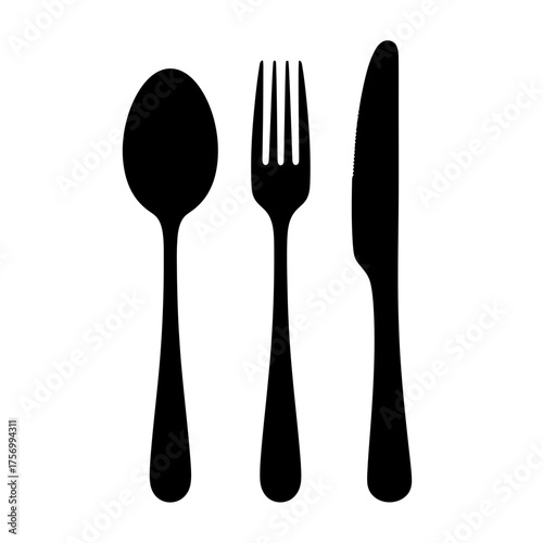 Black silhouette of a spoon fork and knife arranged side by side on a white background in a simple style