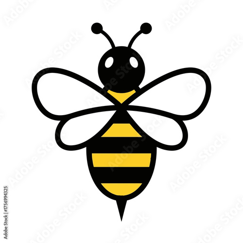 Illustration of a stylized bee with black and yellow stripes and white wings on a white background