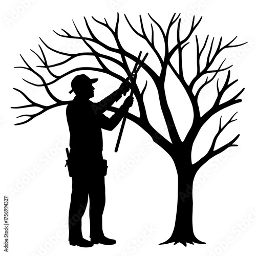 Arborist pruning tree silhouette outdoor activity gardener silhouette caring for nature silhouette flat design vector illustration white background