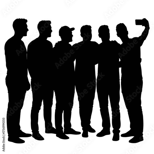 Group of young men friends taking selfie together silhouette captured in dynamic pose silhouette flat design vector illustration white background