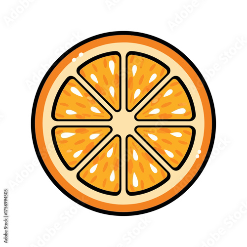 A vibrant close up view of a sliced orange with eight segments and visible pulp and a thick black outline