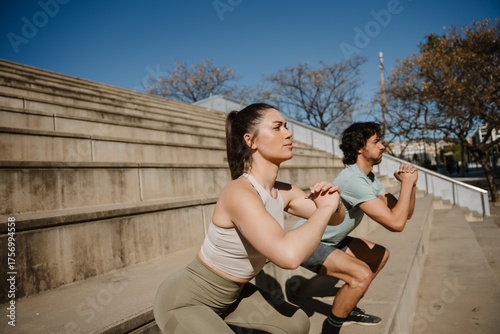 Female and male athletes standing on bleachers and performing squats