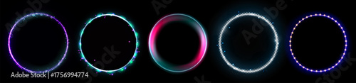 Glowing light rings with halo effects and neon circle frames for modern digital design with dots and gradient elements. Luminous round borders with sparkling details. Futuristic decorative shapes