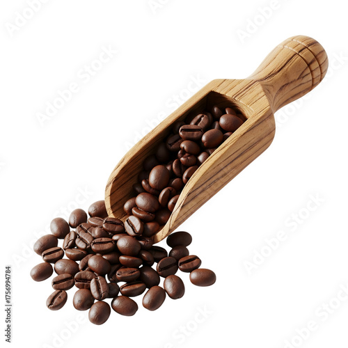 Coffee Beans in Wooden Scoop: Close-up of rich, aromatic coffee beans spilling from a rustic wooden scoop, hinting at the start of a perfect day.