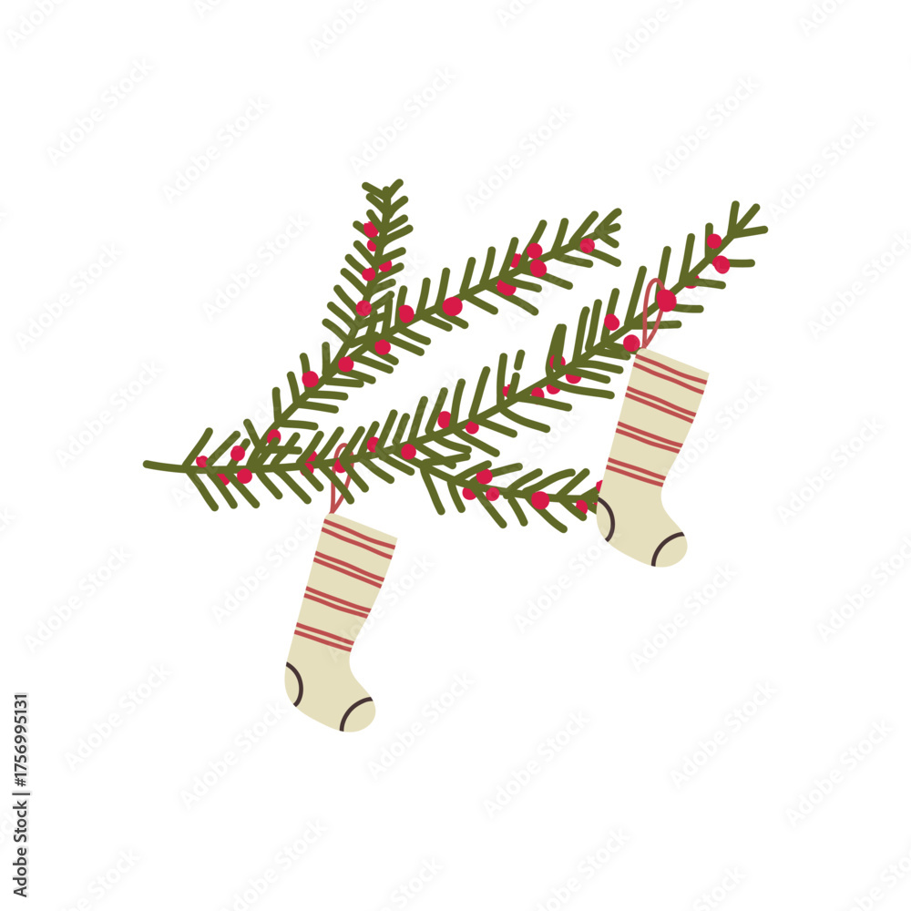 Obraz premium Minimalist flat vector of sustainable Christmas tree with cozy handmade socks, eco green Christmas design.