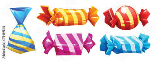 Set of various sweet candies in bright colorful wrappers with stripes accents for holiday treats. Vector cartoon illustration