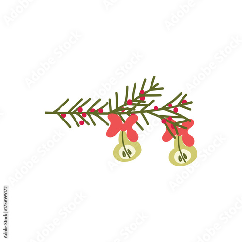 Minimalist flat vector of sustainable Christmas tree with dehydrated pear, organic eco holiday design.