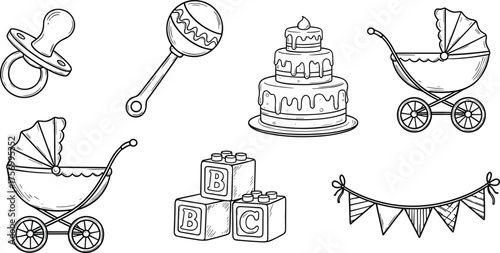 Baby shower sketch illustration, pacifier, rattle, stroller, cake, bunting, blocks, newborn celebration, childhood, parenting, nursery, infant, blue doodle art