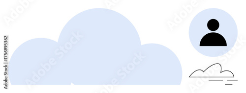 Large cloud with a user profile icon and small lines indicating movement or connection. Ideal for technology, data storage, networking, privacy, digital services, cloud computing, simple flat