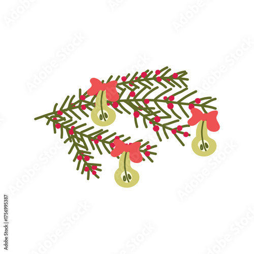 Minimalist flat vector of sustainable Christmas tree with dehydrated pear, organic eco holiday design.