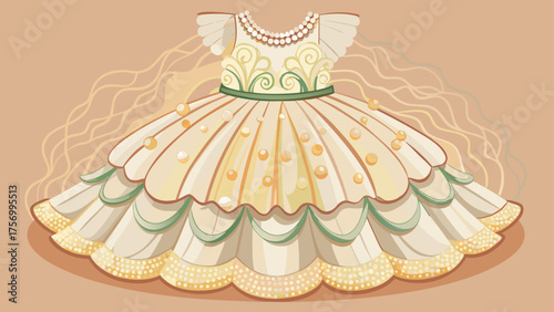 Very beautiful ivory dress with pearl details and layered tulle skirt, combining elegance and playful charm, perfect for children’s festive fashion illustration or stylish vector design compositions.
