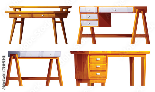 Set of four different style wooden desks with drawers and trestle legs designed for an office or home workspace. Vector cartoon illustration