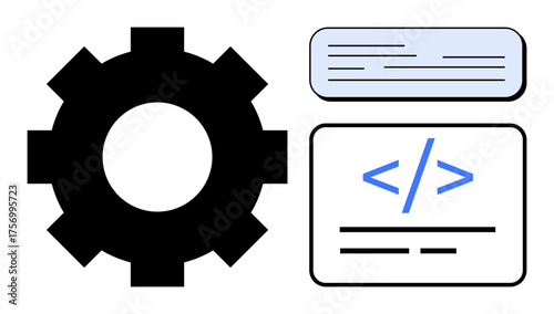 Large gear next to code snippet and text box portraying programming structure, development, and technology. Ideal for software, coding, automation, technical processes, education, innovation simple