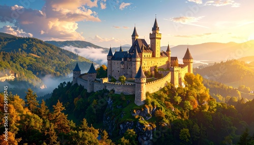 Wallpaper Mural Majestic medieval castle perched atop a lush, forested mountain peak Torontodigital.ca