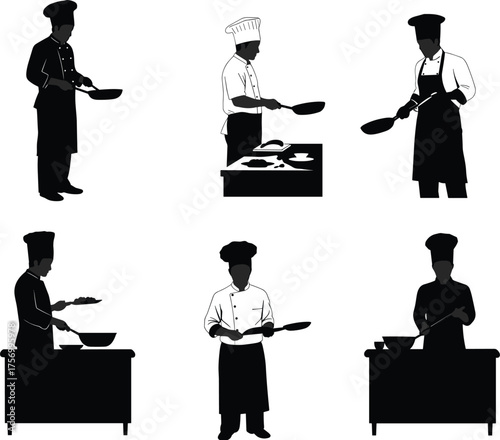 Chef silhouettes cooking, frying pan, ladle, bowl, kitchen counter, culinary action, restaurant staff, food preparation, black vector illustration, professional kitchen scene