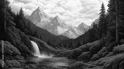 A serene landscape featuring a mountain waterfall is depicted in a pen sketch, also suitable as a nature scene coloring page