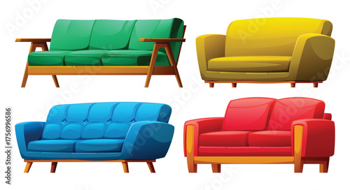 Set of four modern soft sofas and armchairs in bright colors like green, yellow, blue, and red with wooden frames. Vector cartoon illustration