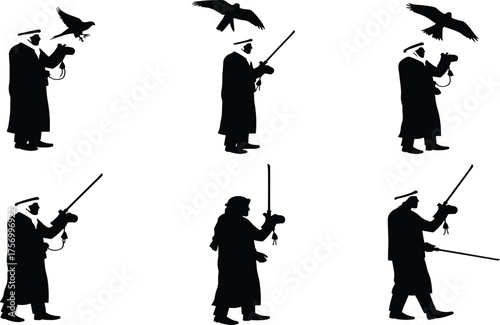 Falconry silhouettes, traditional attire, Middle Eastern culture, falcon handler, flying falcon, black vector illustration, desert heritage, hunting tradition, cultural identity, bird training