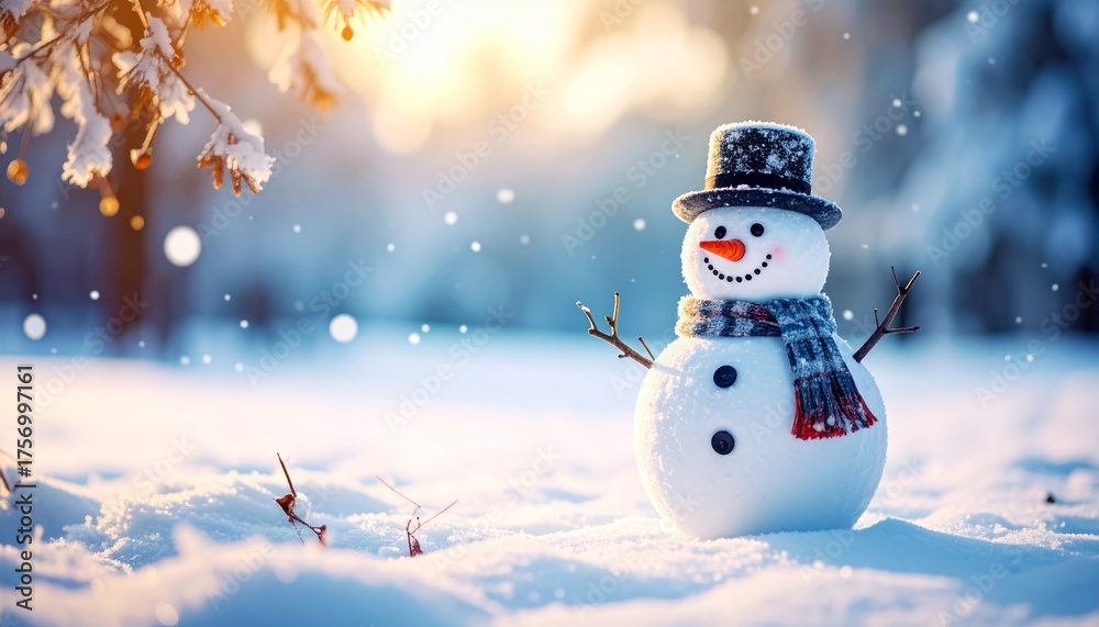 Fototapeta premium Whimsical Snowman Scene Bathed in Winter Sunlight, evoking holiday cheer