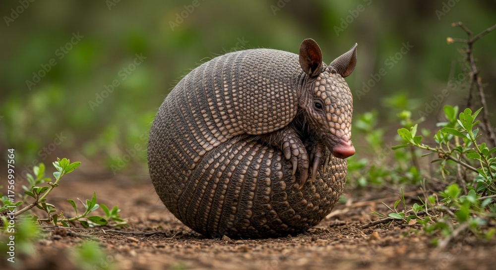 Obraz premium Nine-banded armadillo perfectly curled up in a defensive position on dirt ground