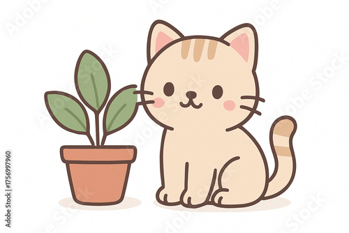 Cute tabby kitten next to a potted plant in cartoon illustration style