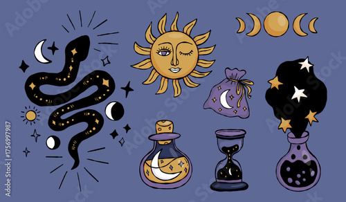 Witch Set. Mystical Snake with Moon Phase, Star, Sun, Hourglass, Elixir, potion bottle and celestial symbol. Isolated Magical Color Textured Hand Doodle for esoteric design. Vector Illustration Not AI