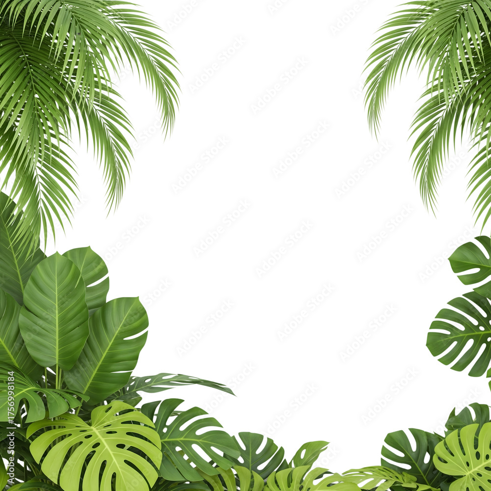 Obraz premium Lush Green Tropical Paradise: A vibrant collage of tropical leaves and palms, bursting with life, set against a pristine backdrop, creating a sense of freshness and natural beauty.