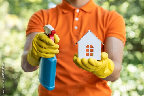 Professional cleaner in bright orange shirt and yellow gloves holds spray bottle and miniature white house symbolizing home sanitation services