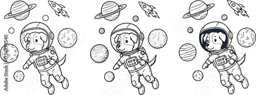 Cartoon dog astronaut in space suit, floating outer space, planets rocket Saturn, cute cosmic animal illustration, space exploration character design art