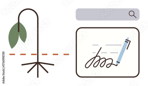 Wilting plant with roots beside a digital pen in a search interface. Ideal for growth, learning, failure, perseverance, problem-solving, creativity, education, simple flat metaphor