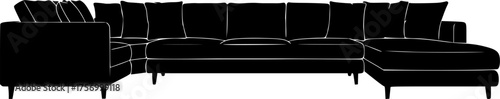 Modern l shaped sectional sofa in black silhouette isolated on white background
