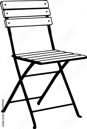 Simple black and white line art silhouette of a folding chair isolated on white background

