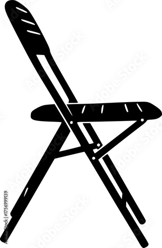 Simple black and white line art silhouette of a folding chair isolated on white background
