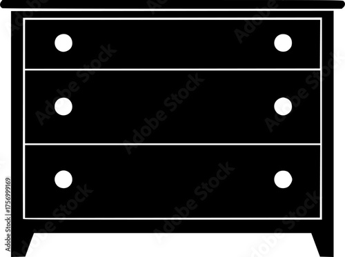 Black silhouette of a three drawer chest of drawers with handles isolated on white background
