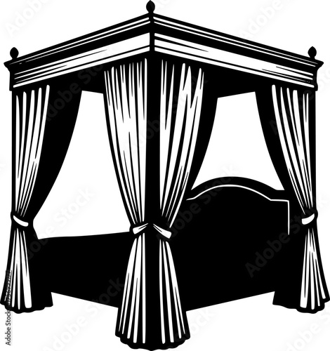 Elegant four poster bed canopy silhouette with drapes isolated on white background
